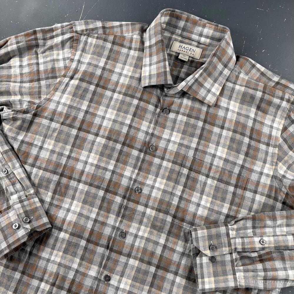 Hagen Carmel Shirt Mens XL Gray Burnt Orange Plaid Flannel Dress Neutral Pastel